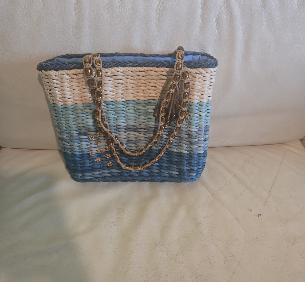 Woven Blue Ombre Straw Tote with Gold Chain Handles